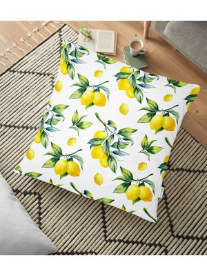 RealHomes Beyaz Zeminde Limon Desenli 3D Dekoratif Yer Minderi - 70 x 70 cm