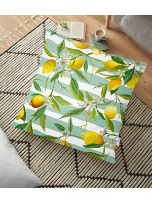 RealHomes Yeşil Çizgili Limon Desenli Dijital Baskılı Dekoratif Yer Minderi - 70 x 70 cm