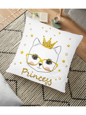 RealHomes Princess Kedi Motifli Modern Dijital Baskılı Yer Minderi - 70 x 70 cm