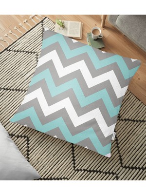 RealHomes Gri Turkuaz Zigzag Desenli Dijital Baskılı Dekoratif Yer Minderi - 70 x 70 cm