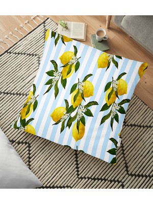 RealHomes Mavi Çizgili Limon Desenli Dijital Baskılı Dekoratif Yer Minderi - 70 x 70 cm