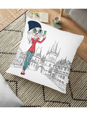 RealHomes Beyaz Zeminde Roma Fashion Girl Tasarımlı Dijital Baskılı Yer Minderi - 70 x 70 cm