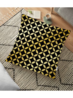 RealHomes Siyah Zeminde Gold Geometrik Desenli Dekoratif Yer Minderi - 70 x 70 cm