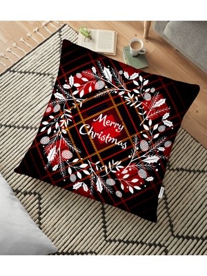 RealHomes Ekose Merry Christmas Desenli Dijital Baskılı Yer Minderi - 70 x 70 cm