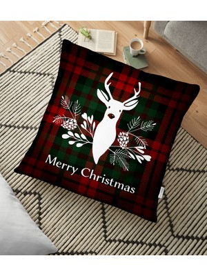 RealHomes Ekose Zeminli Christmas Geyik Desenli Dekoratif Yer Minderi - 70 x 70 cm