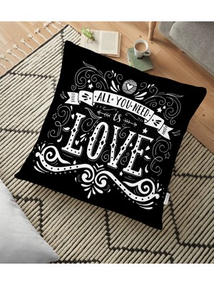RealHomes Siyah Love Baskılı Dijital Baskılı Dekoratif Yer Minderi - 70 x 70 cm