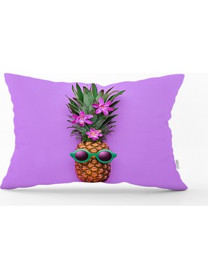 RealHomes Mor Zeminde Ananas Desenli Modern Dikdörtgen Yastık Kırlent Kılıfı
