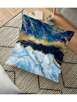 RealHomes Altın Varaklı Mavi Zeminli Modern Yer Minderi - 70 x 70 cm