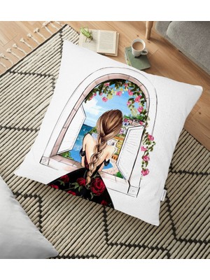 RealHomes Mutluluk Manzarası Suluboya Çizimli Özel Tasarım Dekoratif Yer Minderi - 70 x 70 cm