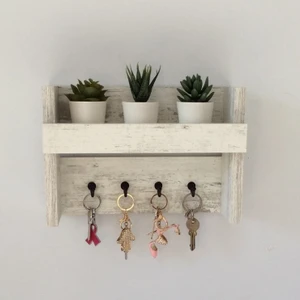 Eblo Home 31 cm  Antik Beyaz El Yapımı Ahşap Çok Amaçlı Antre Duvar Askılık Anahtarlık