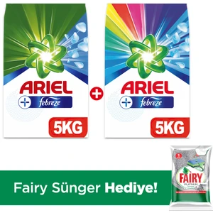 Plus Toz Çamaşır Deterjanı Febreze Etkili Beyazlar 5 kg + Parlak Renkler 5 kg + (Fairy Sünger)
