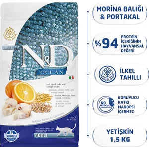 Ocean 1;5 kg Düşük Tahıllı Morina Balıklı Portakallı Yetişkin Kedi Maması