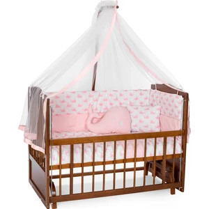 Ahşap Ceviz Renk Anne Yanı Beşik 3 Kademeli Sallanan Ahşap Beşik 60 x 120 cm - Pembe Balina Uyku Setli & Soft Yataklı