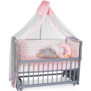 Ahşap Lake Gri Renk Anne Yanı Beşik 3 Kademeli Sallanan Ahşap Beşik 60 x 120 cm - Pembe Yıldız Uyku Setli & Soft Yataklı