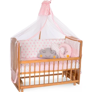 Ahşap Meşe Renk Anne Yanı Beşik 3 Kademeli Sallanan Ahşap Beşik 60 x 120 cm - Pembe Yıldız Uyku Setli & Soft Yataklı