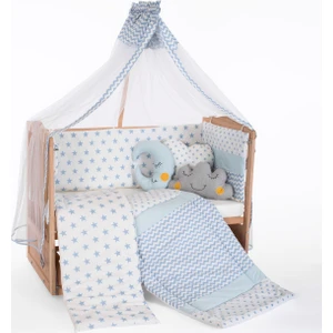 Ahşap Organik Beşik Anne Yanı Beşik 3 Kademeli Lüx Bebek Beşiği 60 x 120 cm - Mavi Yıldız Uyku Setli & Soft Yataklı
