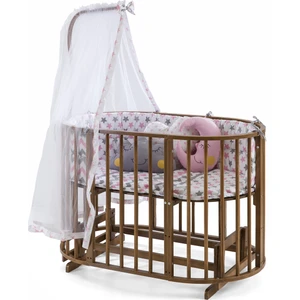 Ahşap Ceviz Renk Play Stokke 7 in 1 Sepet Beşik, Anne Yanı Beşik, Karyola, Alt Değiştirme Sehpası, Masa, Sandalye - Pembe Yıldız Uyku Seti & Soft Yatakları