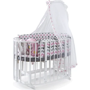 Ahşap Lake Beyaz Renk Play Stokke 7 in 1 Sepet Beşik, Anne Yanı Beşik, Karyola, Alt Değiştirme Sehpası, Masa, Sandalye - Pembe Yıldız Uyku Seti & Soft Yatakları