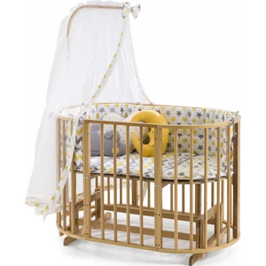 Ahşap Meşe Renk Play Stokke 7 in 1 Sepet Beşik, Anne Yanı Beşik, Karyola, Alt Değiştirme Sehpası, Masa, Sandalye - Sarı Yıldız Uyku Seti & Soft Yatakları