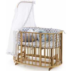 Ahşap Meşe Renk Play Stokke 7 in 1 Sepet Beşik, Anne Yanı Beşik, Karyola, Alt Değiştirme Sehpası, Masa, Sandalye - Mavi Yıldız Uyku Seti & Soft Yatakları