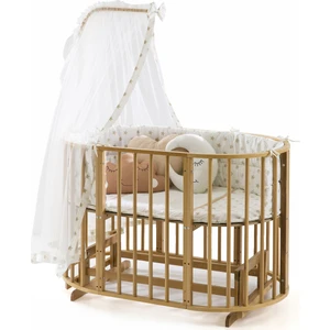 Ahşap Meşe Renk Play Stokke 7 in 1 Sepet Beşik, Anne Yanı Beşik, Karyola, Alt Değiştirme Sehpası, Masa, Sandalye - Krem Yıldız Uyku Seti & Soft Yatakları