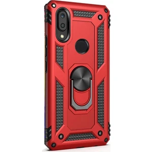 Huawei Y7 2019 Kılıf Vega Standlı Yüzüklü Mıknatıslı + Nano Ekran Koruyucu + Kalem Kırmızı