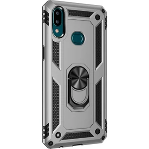 Samsung Galaxy A10s Kılıf Çift Katman Zırh Koruma Yüzüklü Vega + Nano Ekran Koruyucu Gümüş