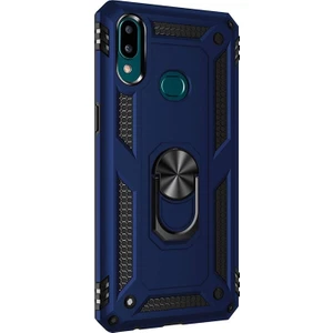 Samsung Galaxy A10s Kılıf Çift Katman Zırh Koruma Yüzüklü Vega + Nano Ekran Koruyucu Lacivert