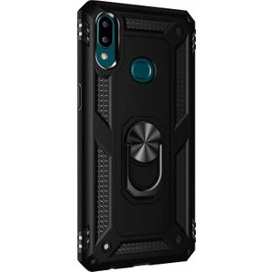 Samsung Galaxy A10s Kılıf Çift Katman Zırh Koruma Yüzüklü Vega + Nano Ekran Koruyucu Siyah