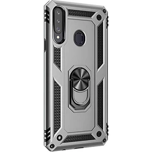 Samsung Galaxy A20s Kılıf Çift Katman Zırh Koruma Yüzüklü Vega + Nano Ekran Koruyucu Gümüş