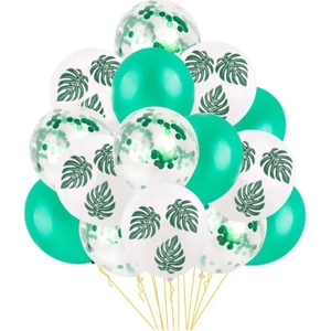 15 'li Yeşil Konfetili Yaprak Desenli Balon Seti