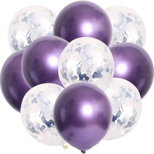 10 'lu Gümüş Konfetili Krom Mor Balon Seti