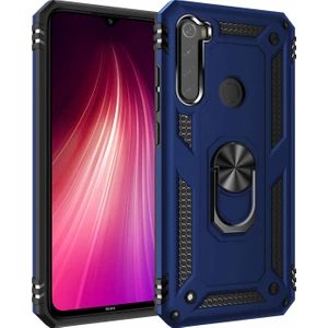 Xiaomi Redmi Note 8 Kılıf Yüzüklü Standlı Lüx Silikon + Kırılmaz Cam - Lacivert