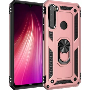Xiaomi Redmi Note 8 Kılıf Yüzüklü Standlı Lüx Silikon + Kırılmaz Cam - Rose