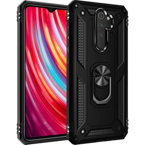 Xiaomi Redmi Note 8 Pro Kılıf Yüzüklü Standlı Lüx Silikon + 5D Nano Tam Ekran Kırılmayan Esnek Cam - Siyah