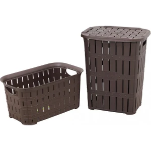 Sağlam Plastik Bambu Görünümlü Kirli Çamaşır Sepeti- Çamaşır sepeti 2'li Set