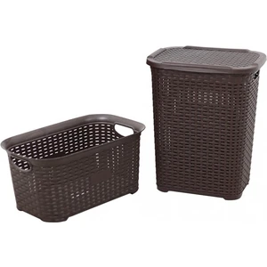 Plastik Rattan Hasır Görünümlü Kirli Çamaşır Sepeti- Çamaşır sepeti 2'li Set