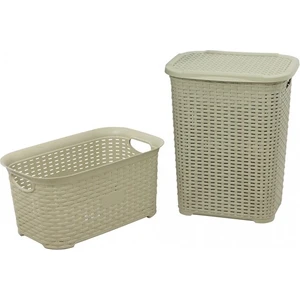Plastik Rattan Hasır Görünümlü Kirli Çamaşır Sepeti- Çamaşır sepeti 2'li Set