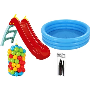 Kaydıraklı Oyun Seti (Mavi Havuz / 6 cm 100'lü Oyun Havuz Topu / Pompa / Kaydırak)