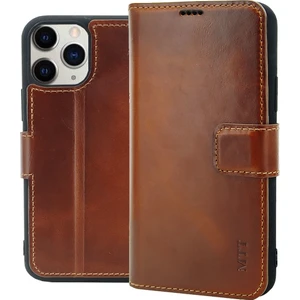 Coverzone Apple iPhone 11 Pro Max Kılıf Kart ve Para Gözlü Hakiki Deri Cüzdan Kahverengi