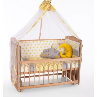Bamgidoo Ahşap Organik Beşik Anne Yanı Beşik 3 Kademeli Lüx Bebek Beşiği 60 x 120 cm - Sarı Yıldız