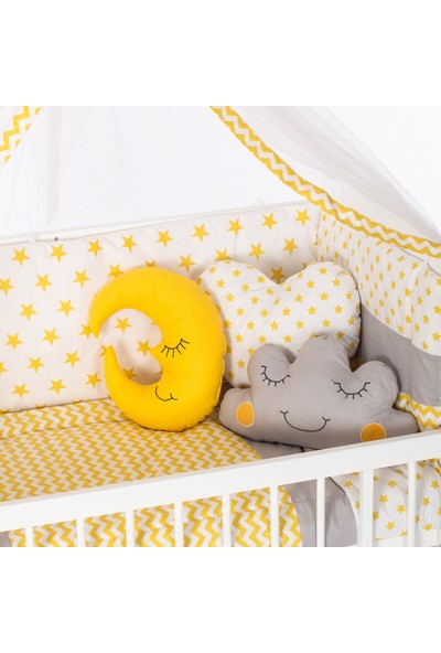Heyner Ahşap Lake Beyaz Renk Anne Yanı Beşik 3 Kademeli Sallanan Ahşap Beşik 60 x 120 cm - Sarı Yıldız Uyku Setli & Soft Yataklı