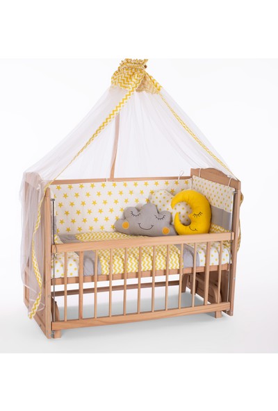 Heyner Ahşap Organik Beşik Anne Yanı Beşik 3 Kademeli Lüx Bebek Beşiği 60 x 120 cm - Sarı Yıldız Uyku Setli & Soft Yataklı