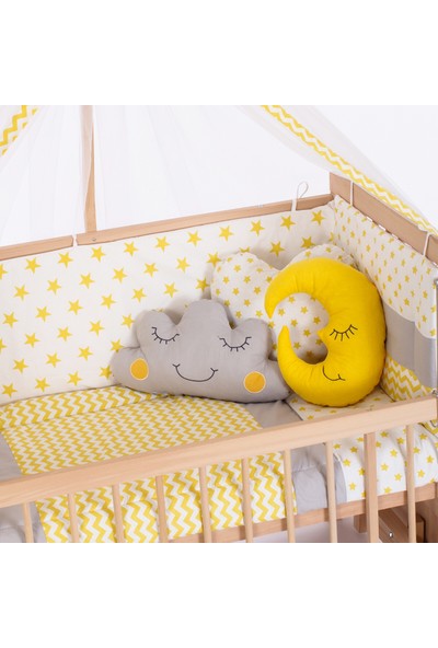 Heyner Ahşap Organik Beşik Anne Yanı Beşik 3 Kademeli Lüx Bebek Beşiği 60 x 120 cm - Sarı Yıldız Uyku Setli & Soft Yataklı