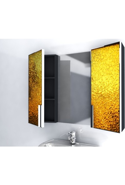 Artila Işıklı Kapaklı Altın Doku Lavabo Üstü Banyo Dolabı 120 x 90 cm