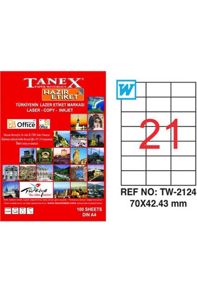 Tanex TW-2124 70x42,43 mm Laser Etiket 100 Ad.