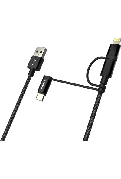 Dexim DWA0003 – 3 in 1 Örgülü USB Kablo Type-C + Micro USB + Lightning