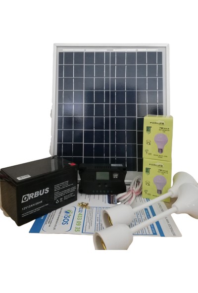 İsos Mini Güneş Paneli Seti 20 Watt Panelli 2 Lambalı Solar Aydınlatma ve Telefon Şarj