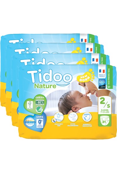 Tidoo Nature Bebek Bezi Yenidoğan 2 Beden Numara 3-6 kg 31X4 124 Adet Ekolojik Antialerjik