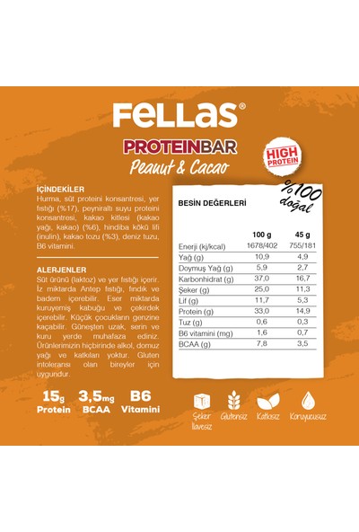 Fellas Yüksek Protein Bar Yer Fıstıklı ve Kakaolu 45 gr